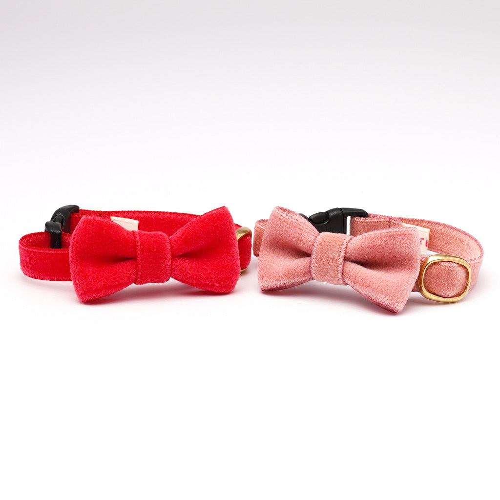 リボン付き猫首輪 ベルベット ピンク