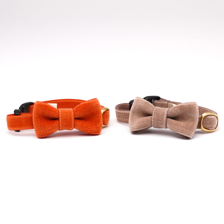 リボン付き猫首輪 ベルベット ダークベージュ