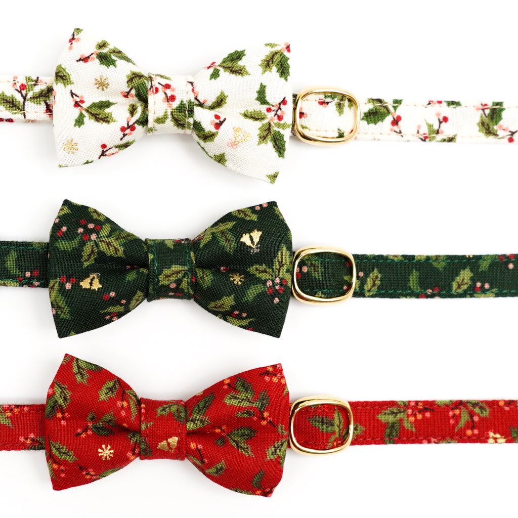 リボン付き猫首輪 クリスマス ヒイラギ レッド