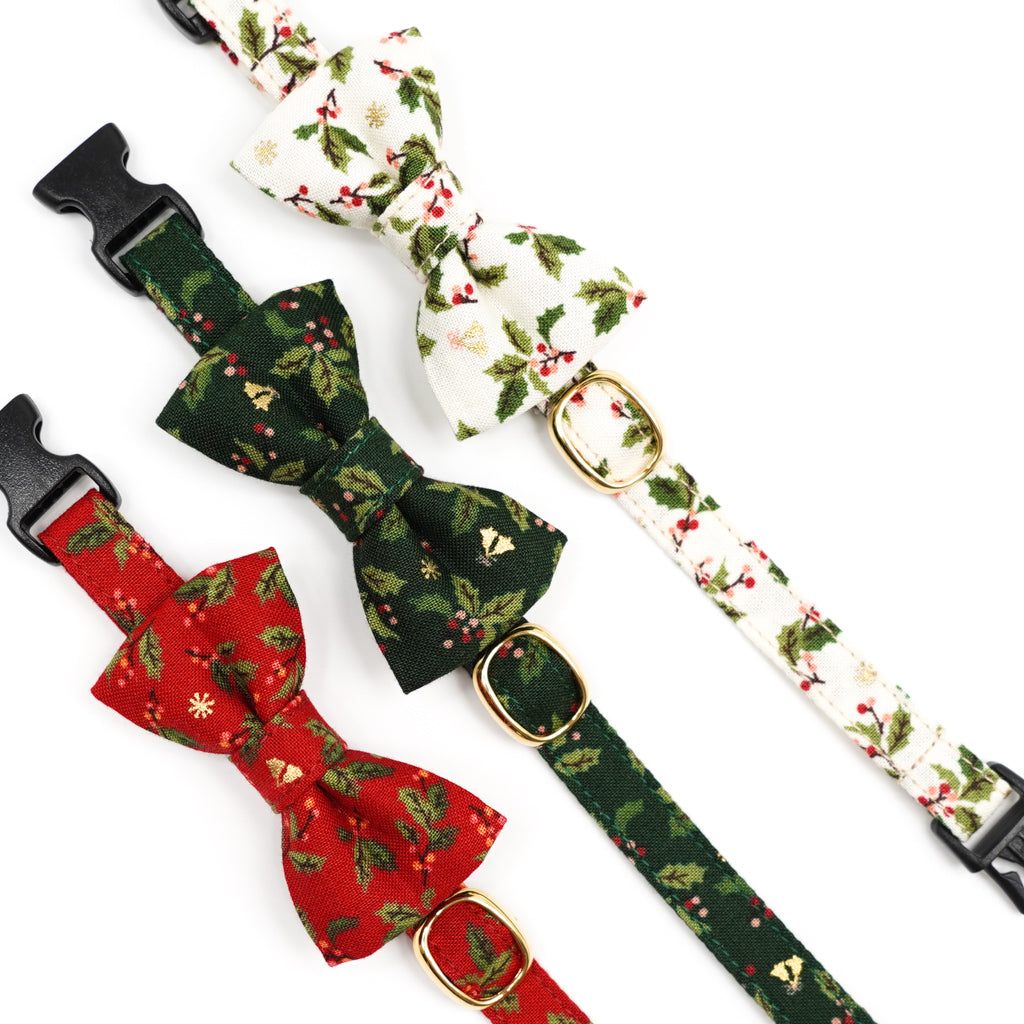 リボン付き猫首輪 クリスマス ヒイラギ アイボリー