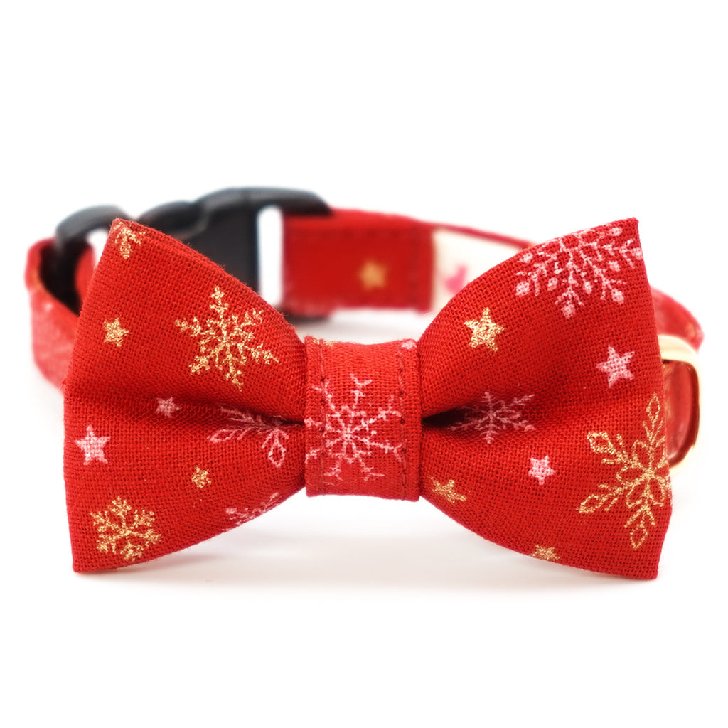 リボン付き猫首輪 クリスマス スノークリスタル レッド
