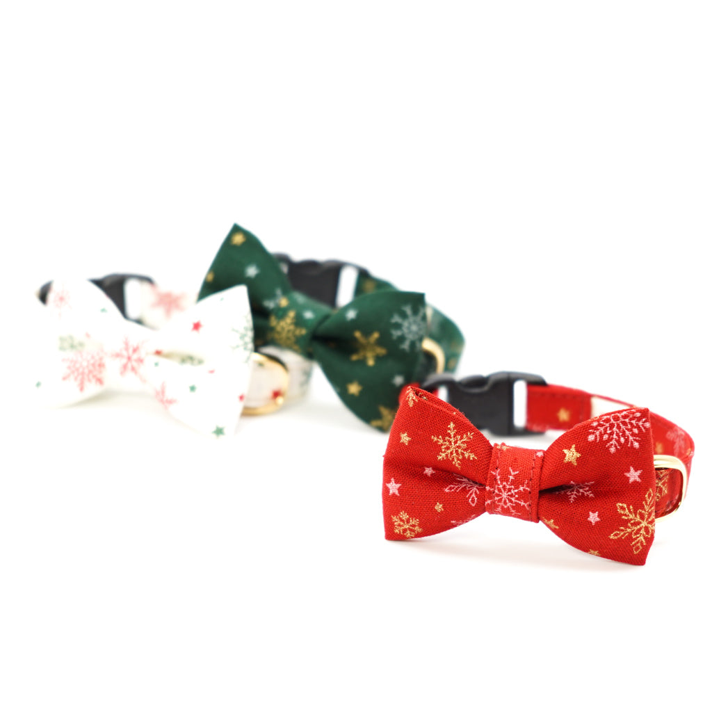 リボン付き猫首輪 クリスマス スノークリスタル グリーン