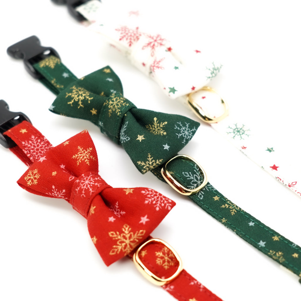 リボン付き猫首輪 クリスマス スノークリスタル グリーン