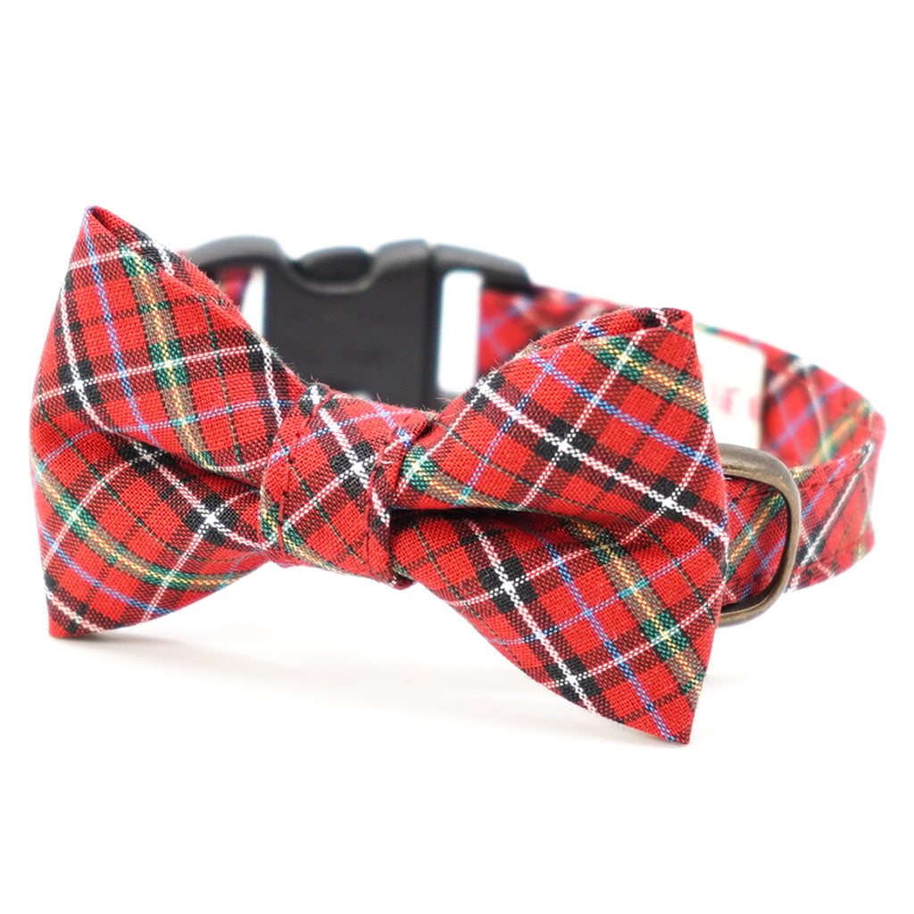 リボン付き猫首輪 播州織タータンチェック レッド