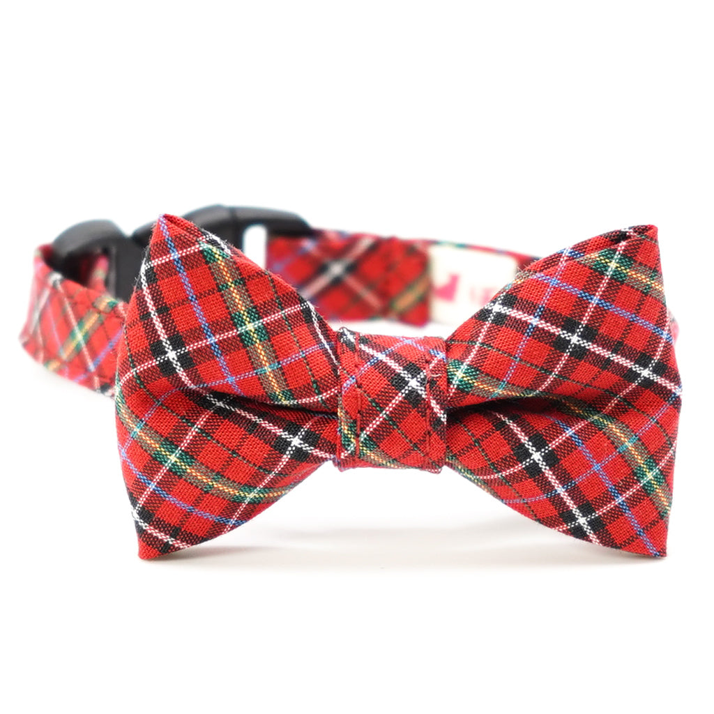 リボン付き猫首輪 播州織タータンチェック レッド