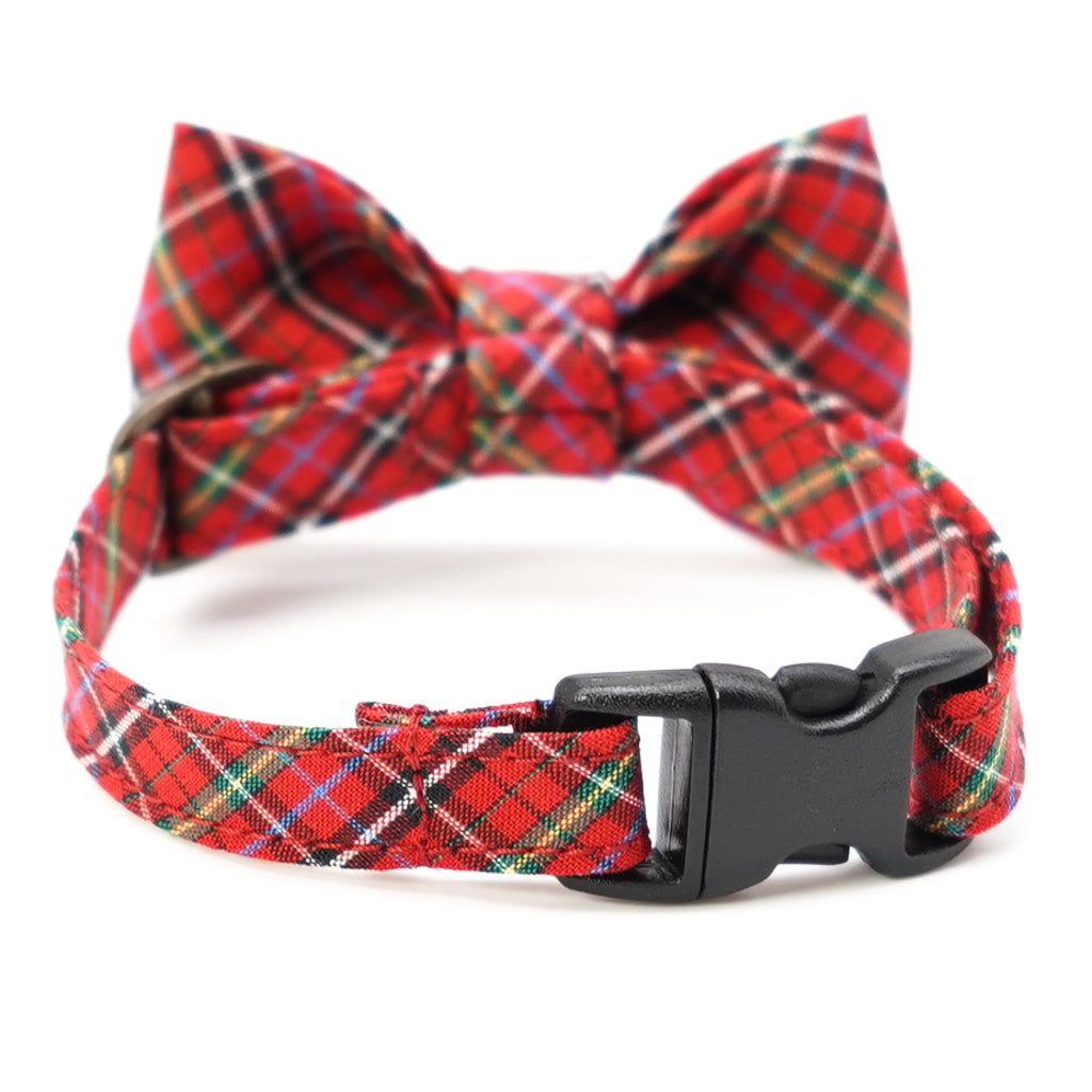 リボン付き猫首輪 播州織タータンチェック レッド