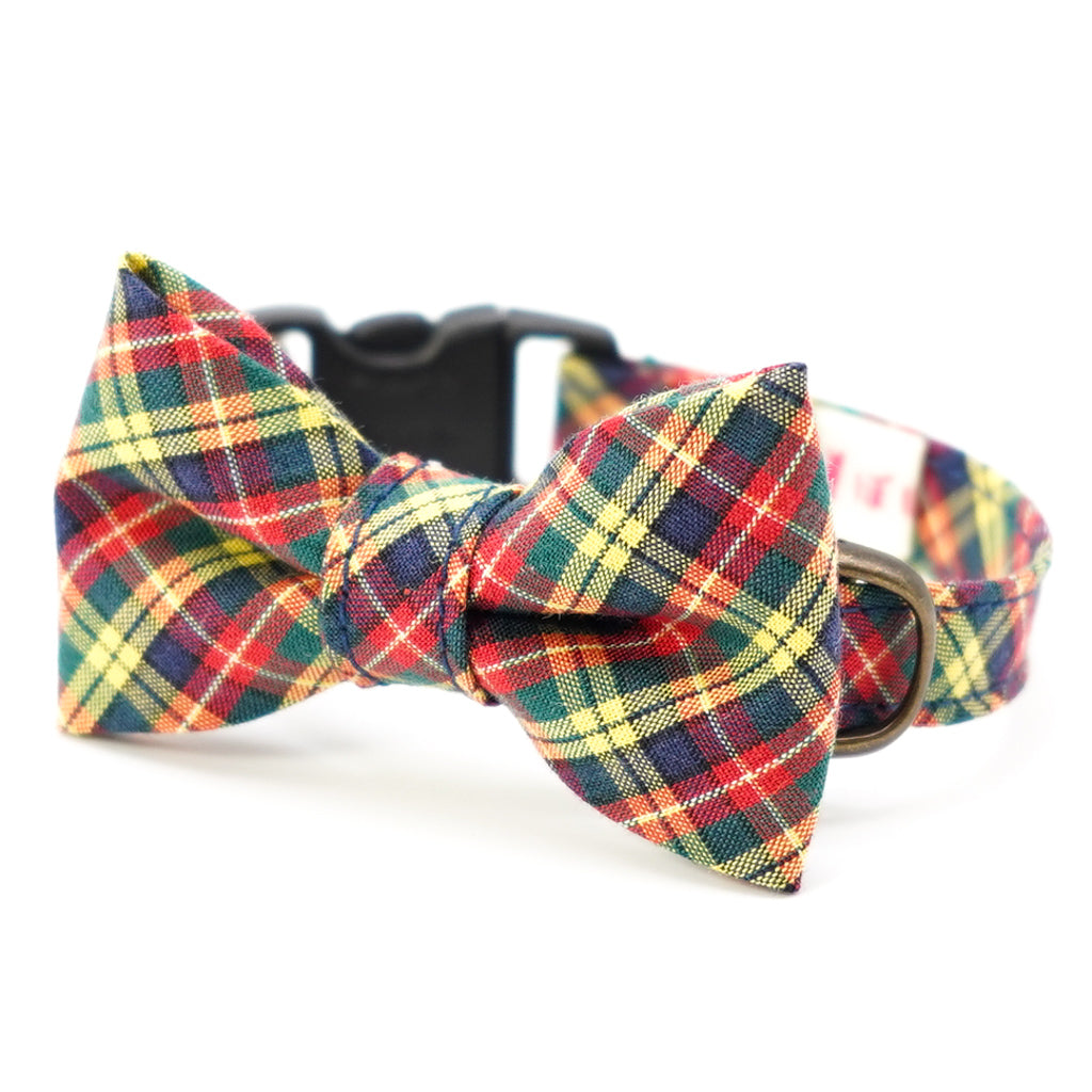 リボン付き猫首輪 播州織タータンチェック イエロー