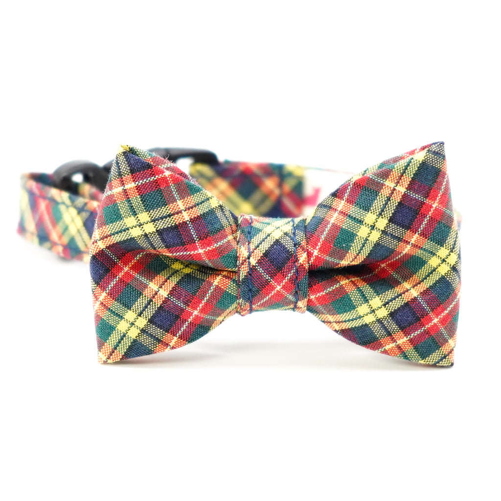 リボン付き猫首輪 播州織タータンチェック イエロー