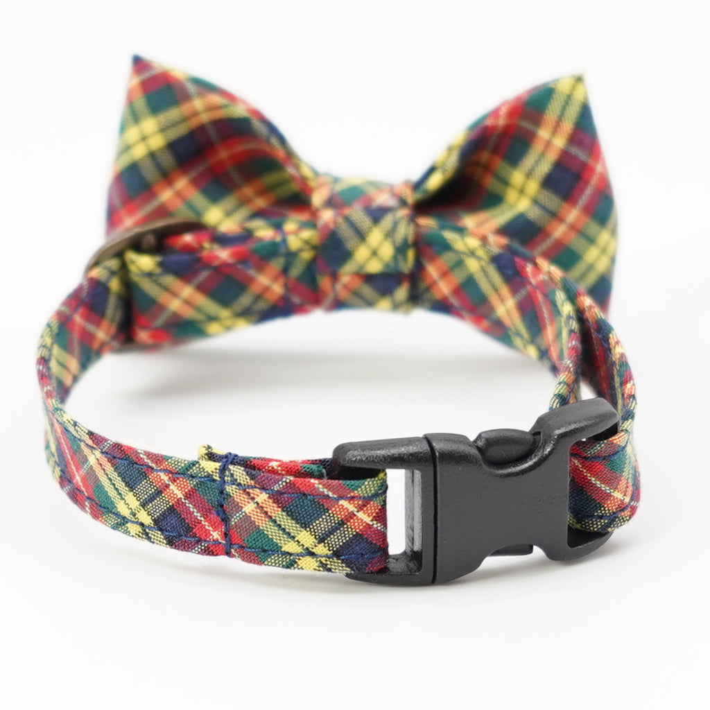 リボン付き猫首輪 播州織タータンチェック イエロー
