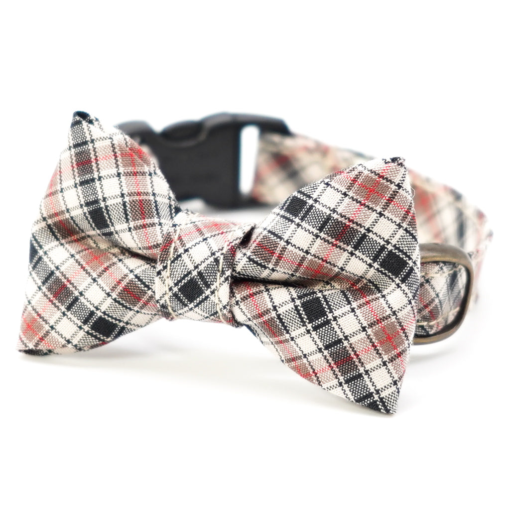 リボン付き猫首輪 播州織タータンチェック ブラウン
