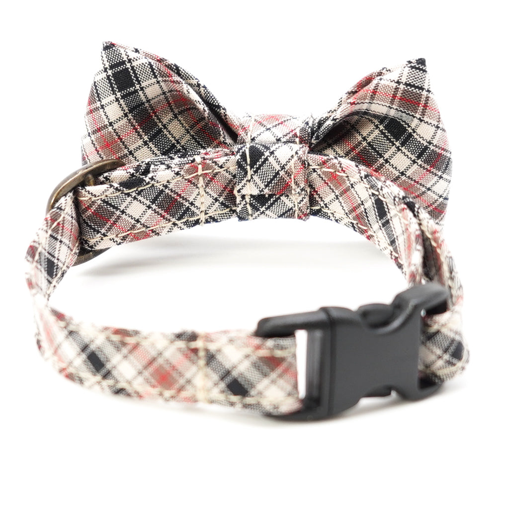 リボン付き猫首輪 播州織タータンチェック ブラウン