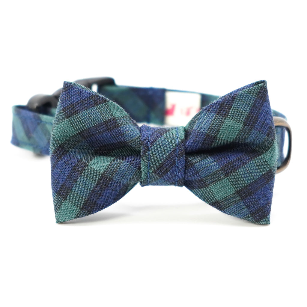 リボン付き猫首輪 播州織タータンチェック ブラックウォッチ