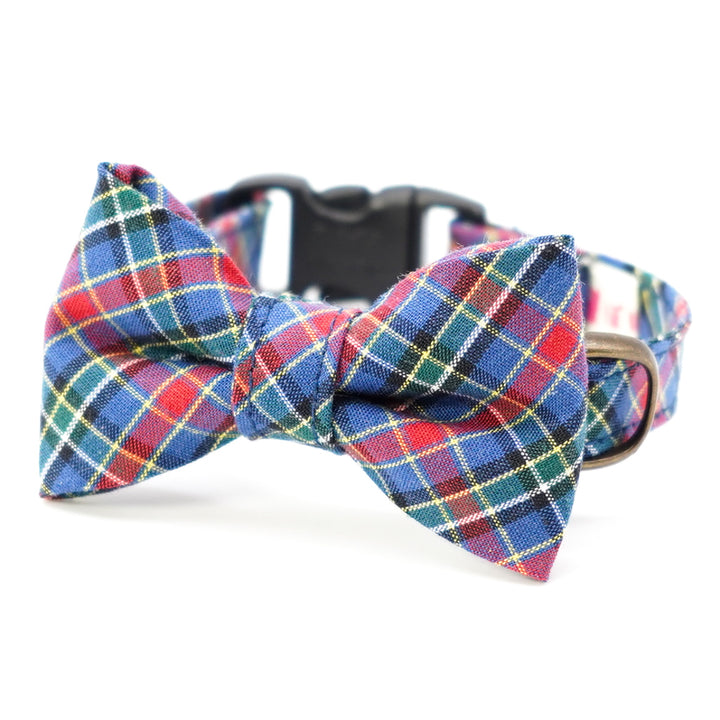リボン付き猫首輪 播州織タータンチェック ブルー