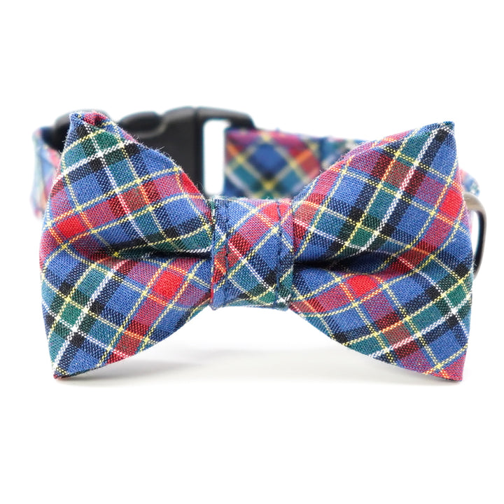 リボン付き猫首輪 播州織タータンチェック ブルー