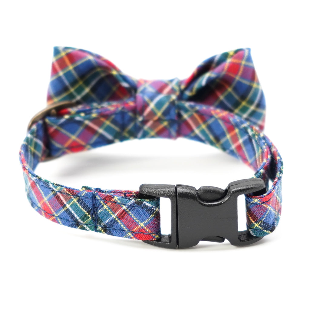 リボン付き猫首輪 播州織タータンチェック ブルー