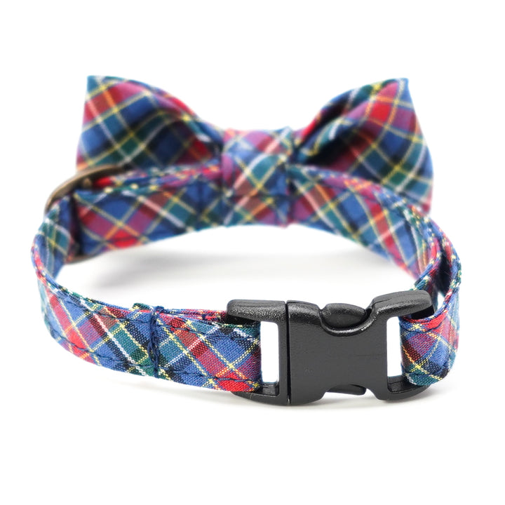 リボン付き猫首輪 播州織タータンチェック ブルー