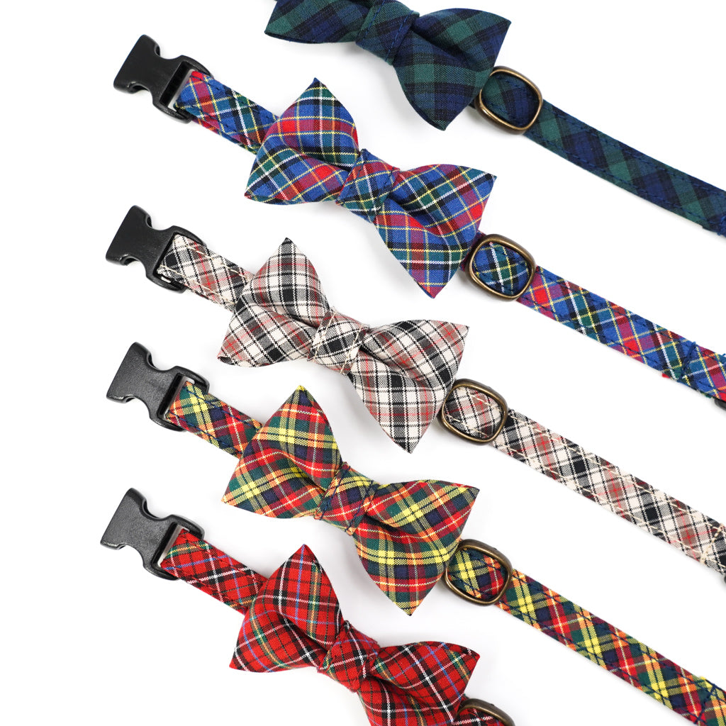 リボン付き猫首輪 播州織タータンチェック レッド