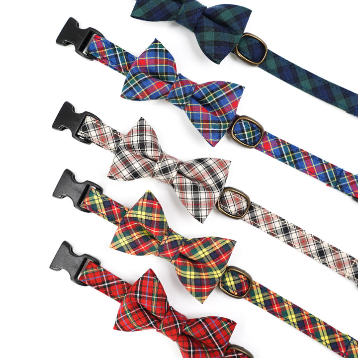 リボン付き猫首輪 播州織タータンチェック レッド