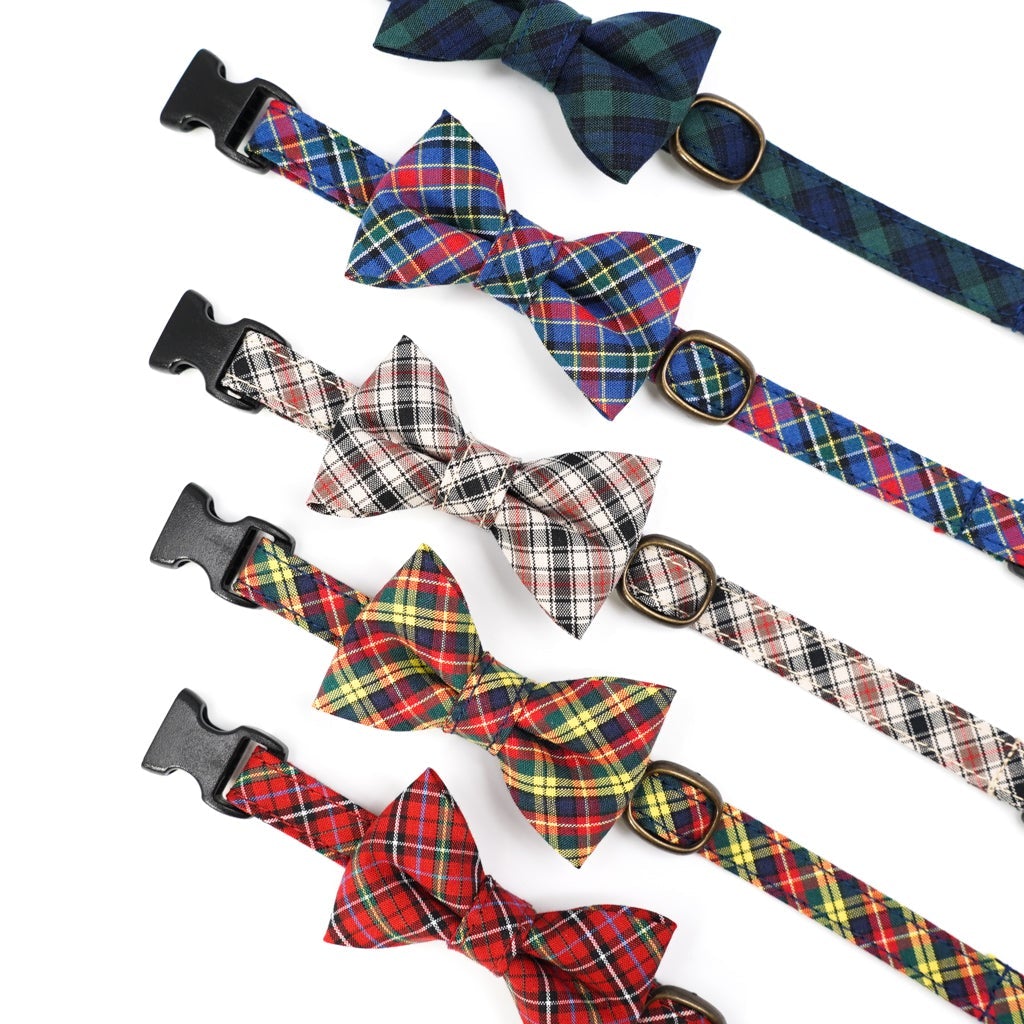 リボン付き猫首輪 播州織タータンチェック ブラックウォッチ