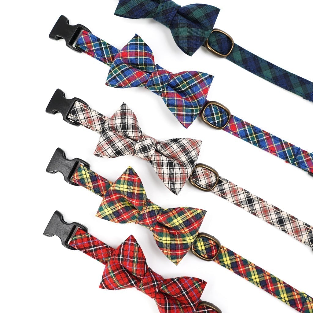 リボン付き猫首輪 播州織タータンチェック イエロー