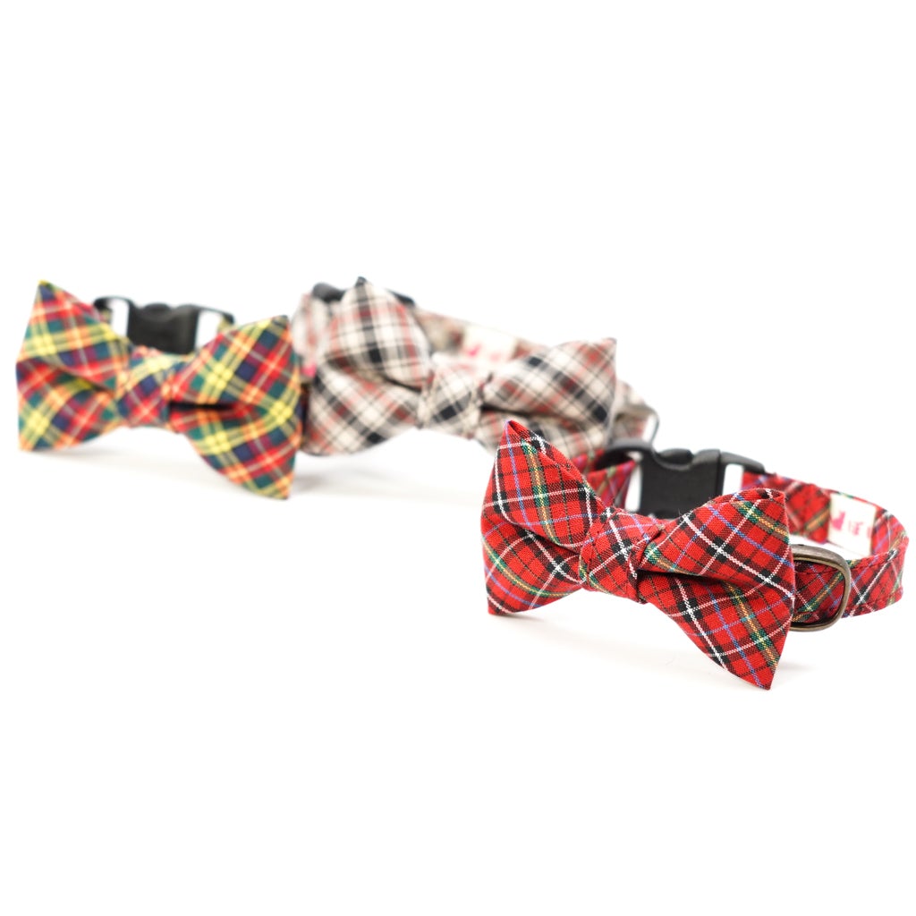 リボン付き猫首輪 播州織タータンチェック イエロー