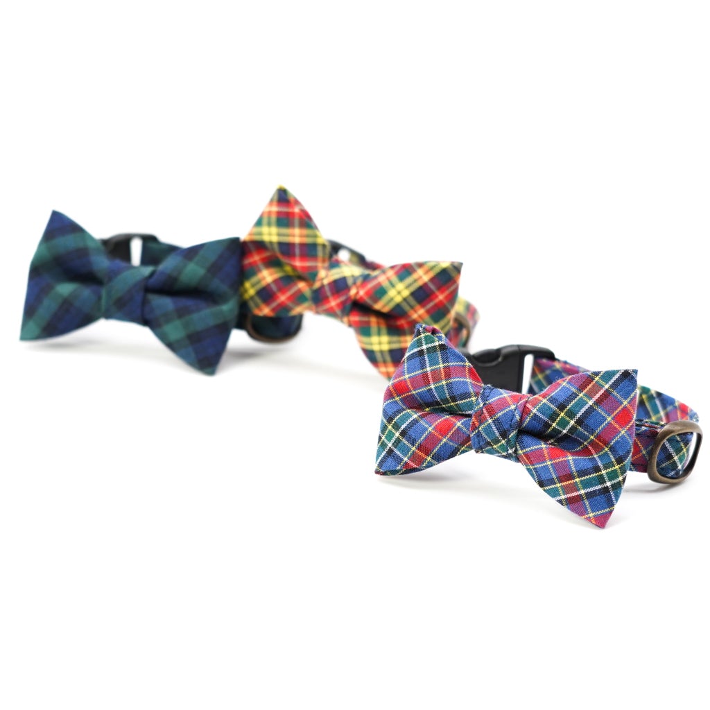 リボン付き猫首輪 播州織タータンチェック ブラックウォッチ