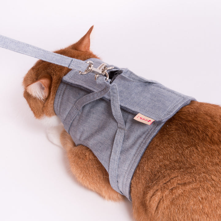 猫に優しいベスト型ハーネス・リード付き ダンガリー ブルー