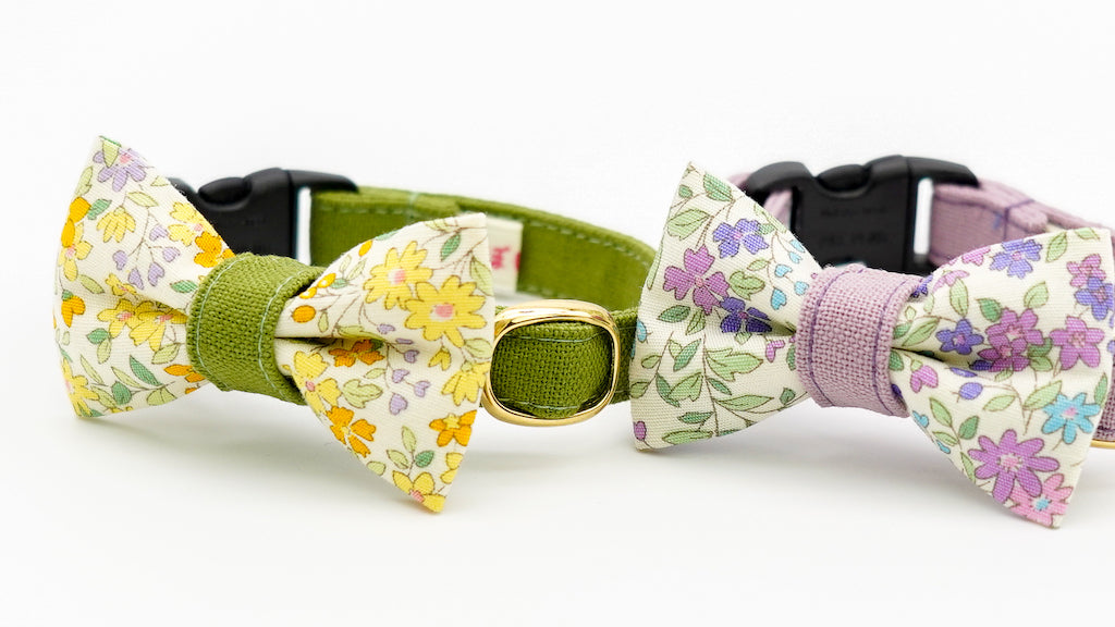 【新商品】綿麻素材の猫首輪に小花柄のリボンを付けました