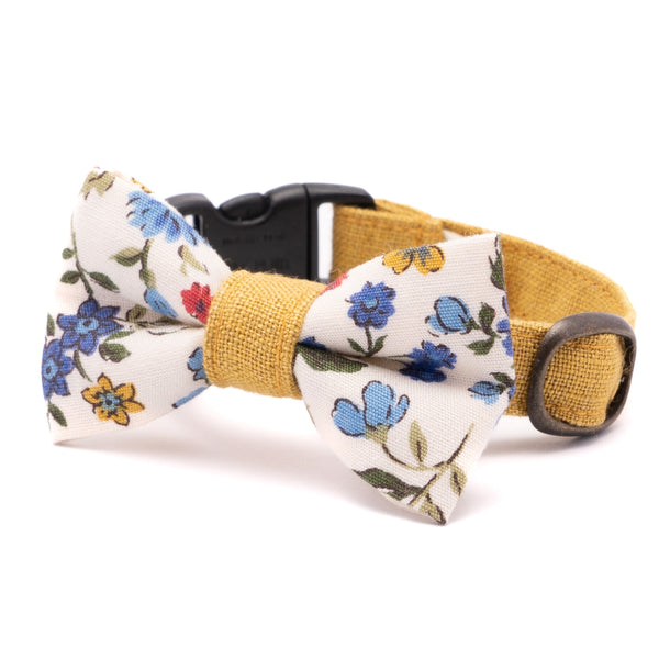 リボン付き猫首輪　フルラージュ＆MUJIベルギーリネン　ブルー×マスタード