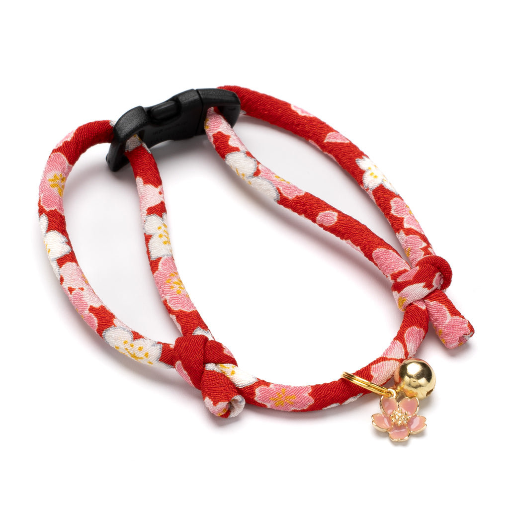 丸紐猫首輪 ちりめん 春爛漫 紅色｜ぽぽねこ公式オンラインショップ