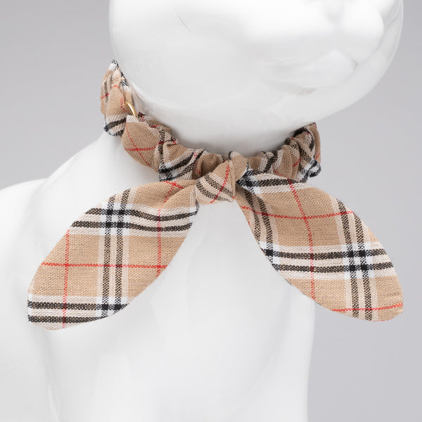 【セット品】リーフリボン ＆ シュシュ猫首輪　タータンチェック　トレンチベージュ