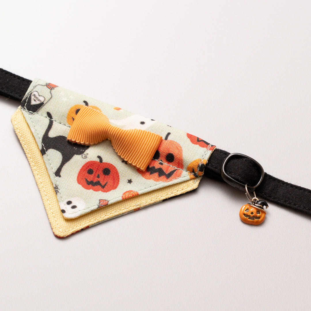 バンダナ付き猫首輪　ハロウィンパーティー　ゴースト＆パンプキン／ミント