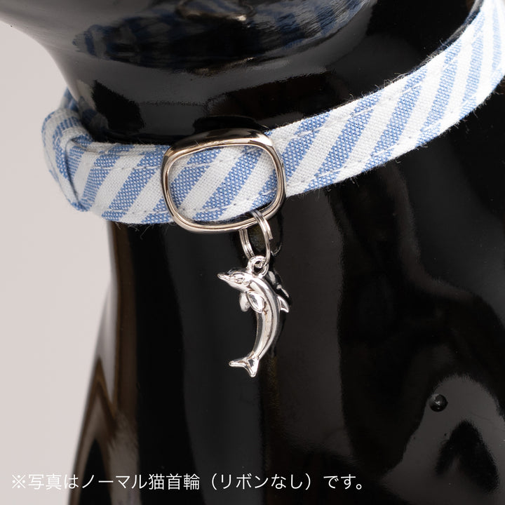 リボン付き猫首輪　ダンガリーストライプ　マリンブルー