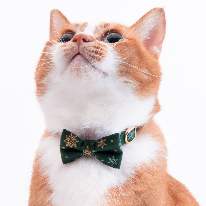 リボン付き猫首輪　クリスマス　スノークリスタル　グリーン