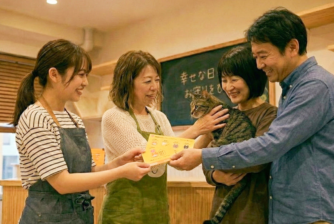 保護猫カフェのスタッフが里親さんに保護猫お迎えサポートプログラムのフライヤーを渡している