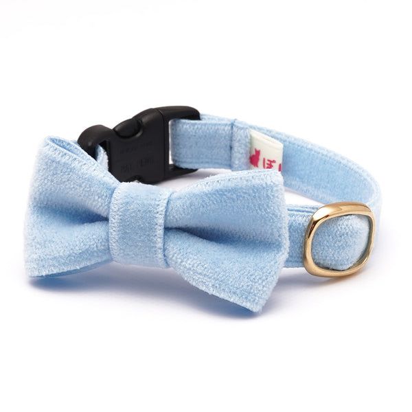 Cat collar with ribbon, velvet, light blue