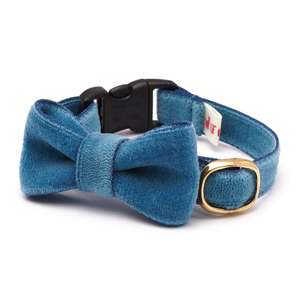 リボン付き猫首輪　ベルベット　ダークブルー