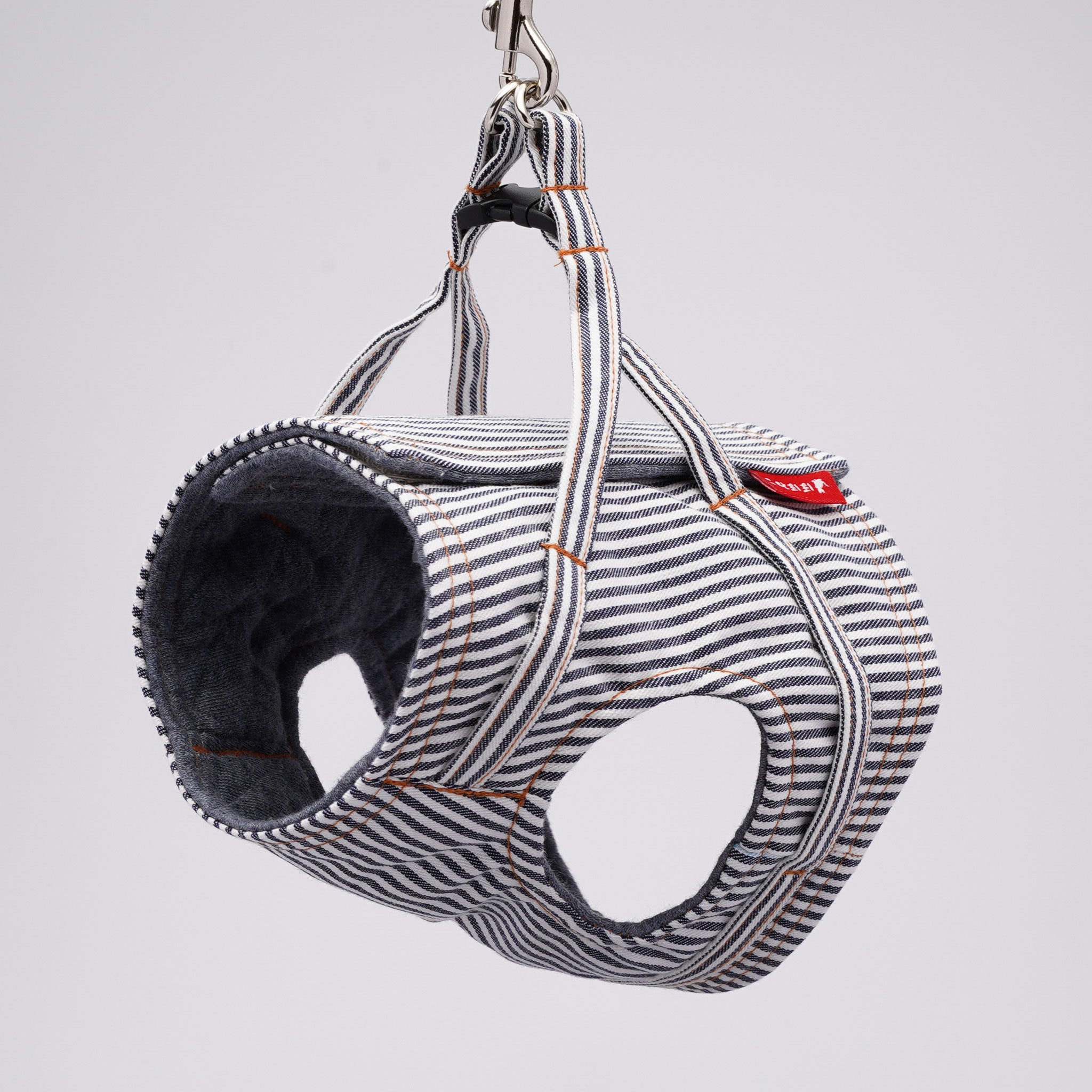 ハンドメイド ハーネス ベスト型 ねこドット×ヒッコリー Sサイズ 猫に優しいベスト型ハーネス・リード付き デニム ヒッコリー【限定