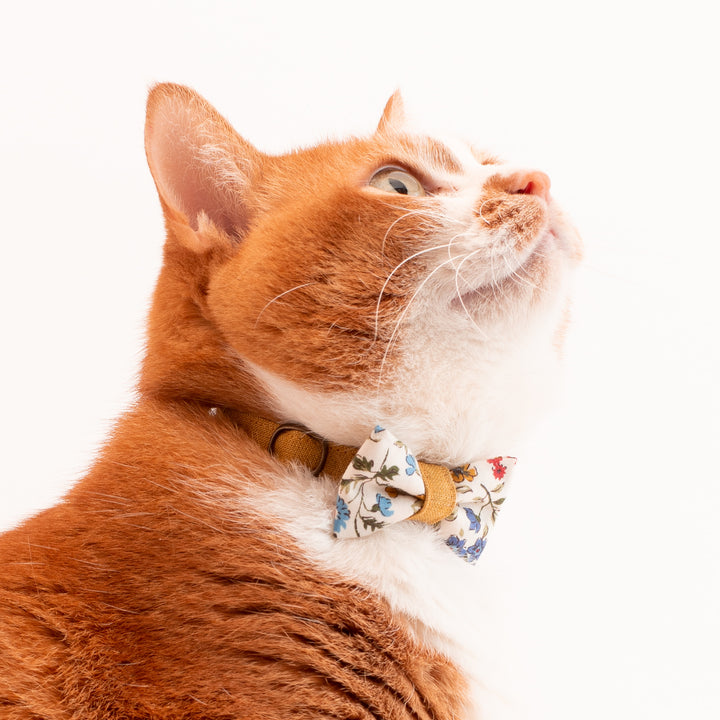 リボン付き猫首輪　フルラージュ＆MUJIベルギーリネン　ブルー×マスタード