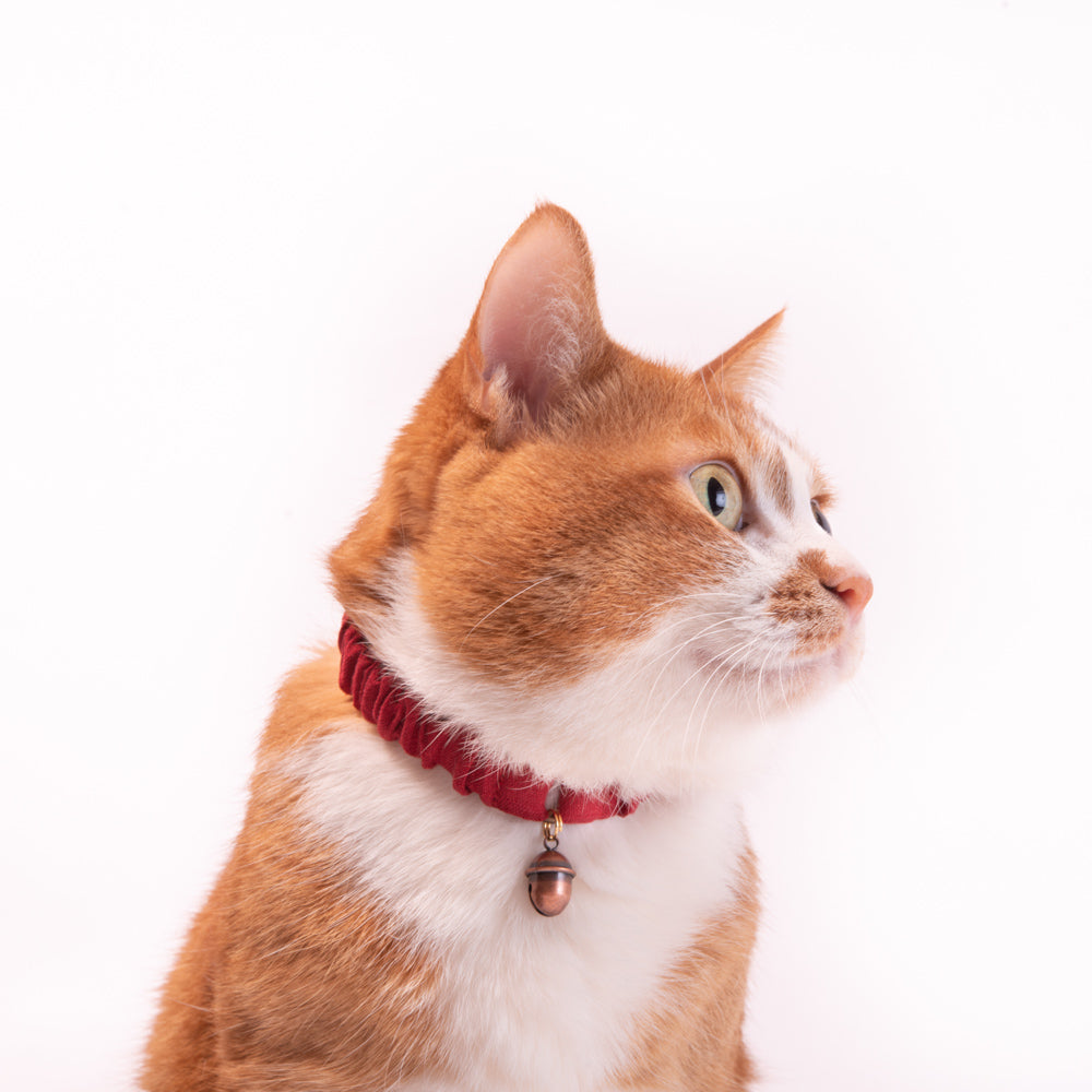 シュシュ猫首輪 MUJIソフトワッシャーリネン ダークレッド｜ぽぽねこ公式オンラインショップ