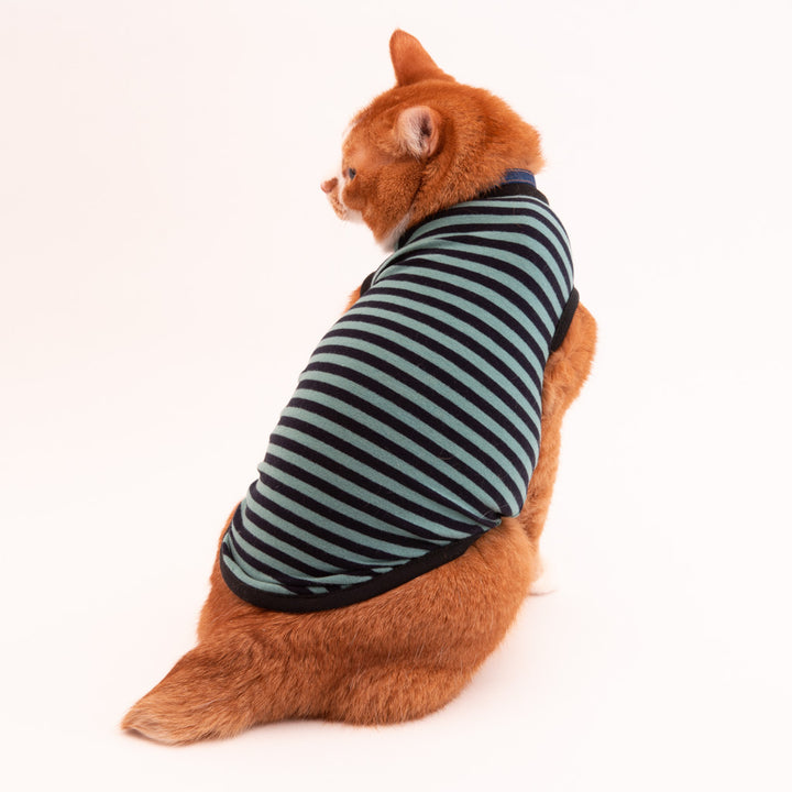 【訳あり10％off】猫に優しい猫服　キャットウォーム　ボーダー（ノースリーブ）グリーン