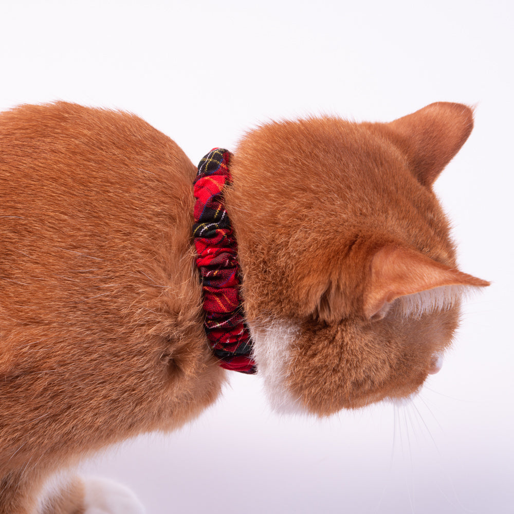 シュシュ猫首輪　タータンチェック　レッド