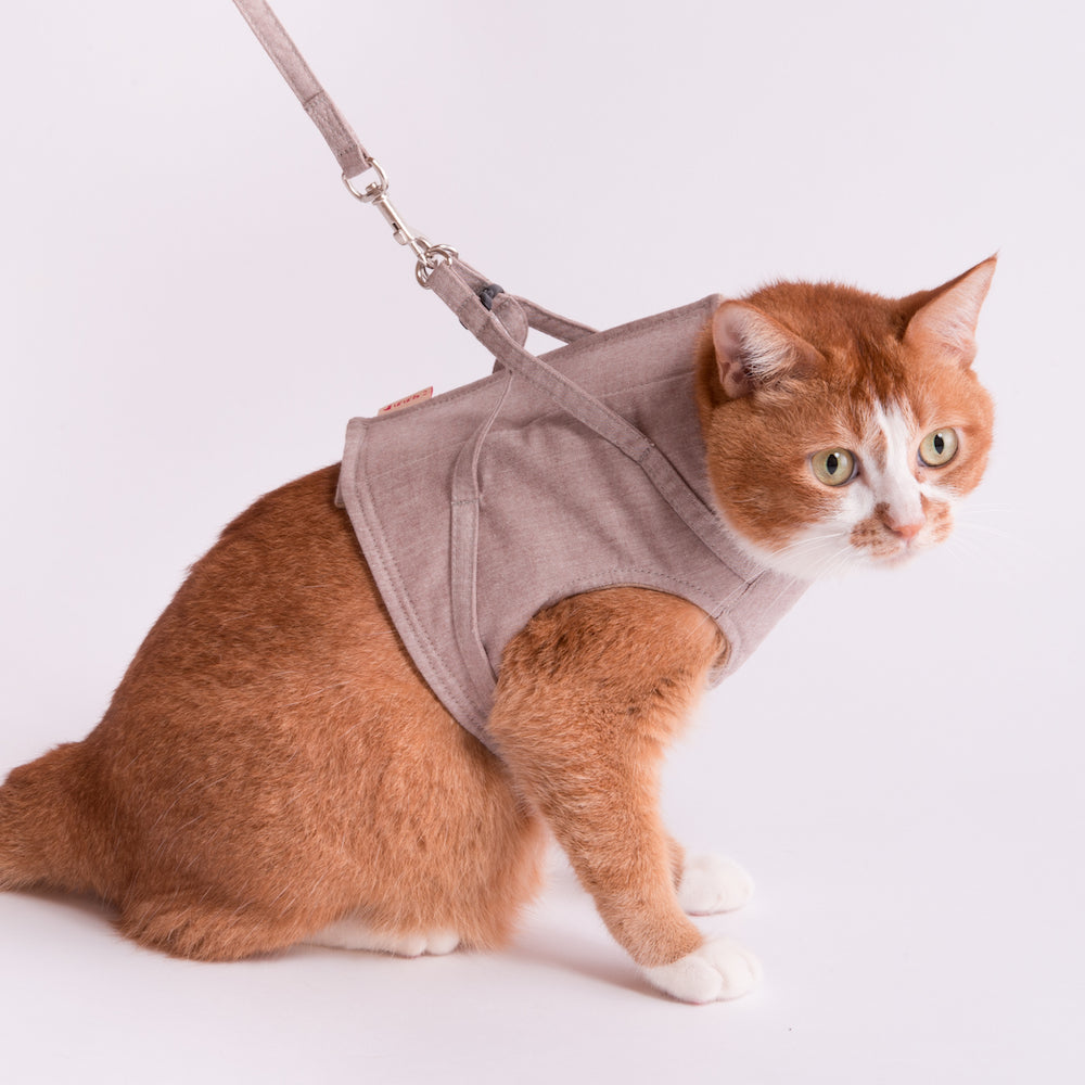 猫に優しいベスト型ハーネス・リード付き ダンガリー ベージュ｜ぽぽ