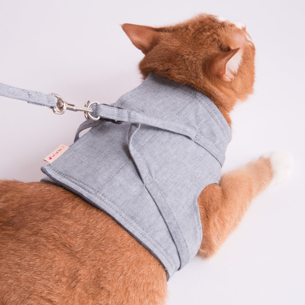 猫に優しいベスト型ハーネス・リード付き ダンガリー ブルー｜ぽぽねこ